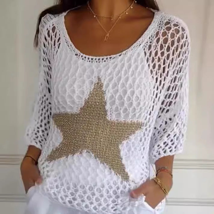 Damen nan oversized gehäkelter Pullover mit Sternapplikation und 3/4-Ärmeln Shop Nory