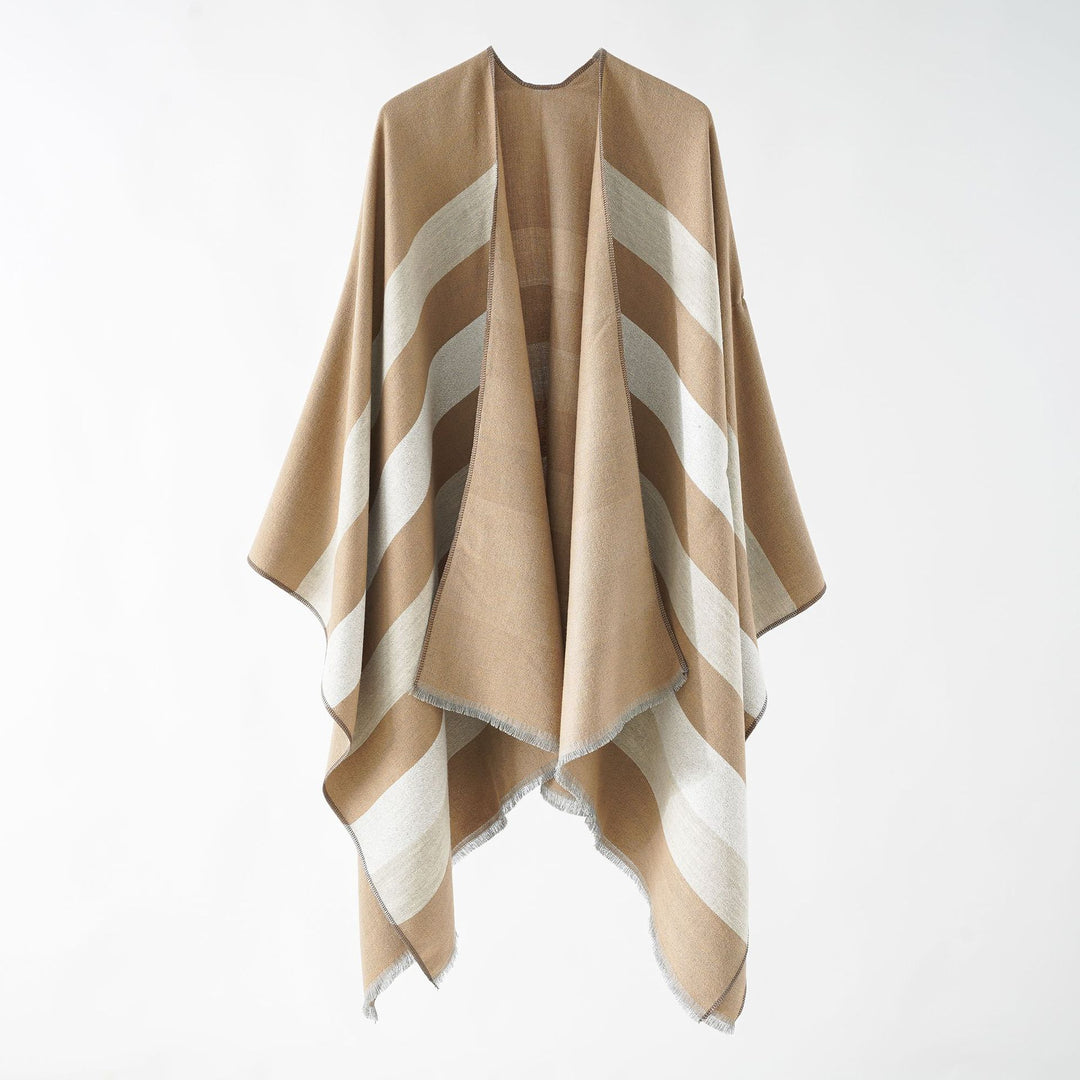 Damen Feiner Wollmix‑Capeüberwurf mit diagonaler Streifenstruktur und Fransensaum Shop Nory
