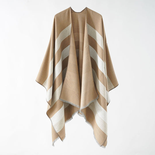 Damen Feiner Wollmix‑Capeüberwurf mit diagonaler Streifenstruktur und Fransensaum Shop Nory