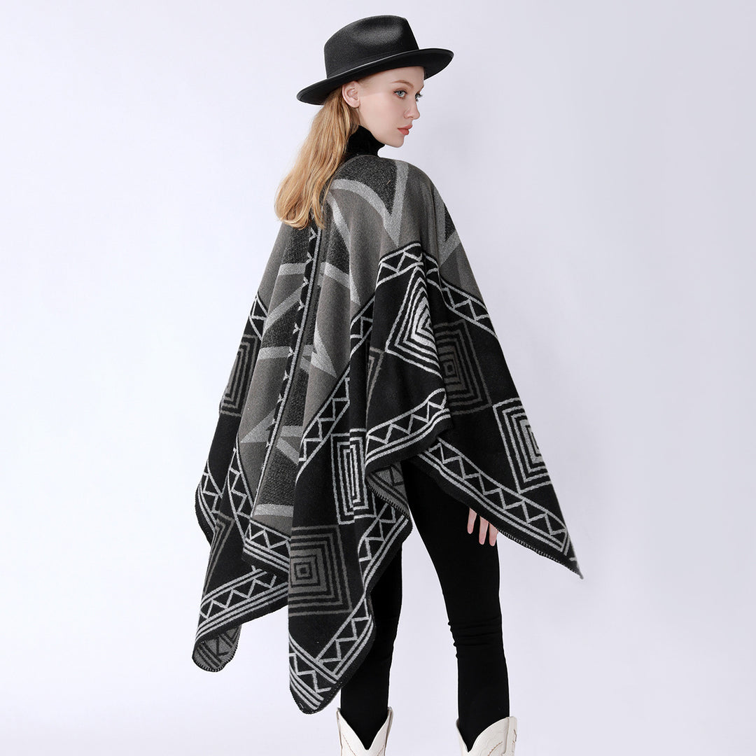 Damen Geometrischer Wollmix-Überwurfponcho mit Kettelkante Shop Nory
