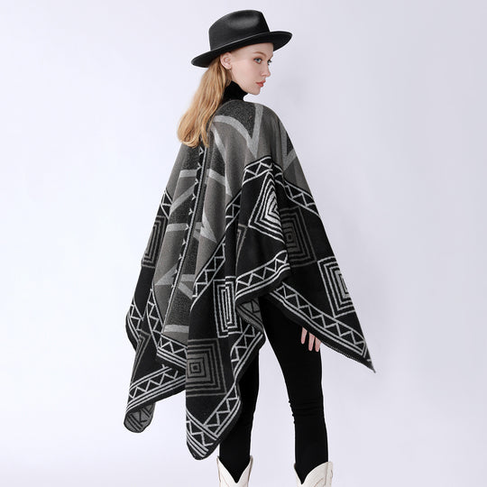 Damen Geometrischer Wollmix-Überwurfponcho mit Kettelkante Shop Nory
