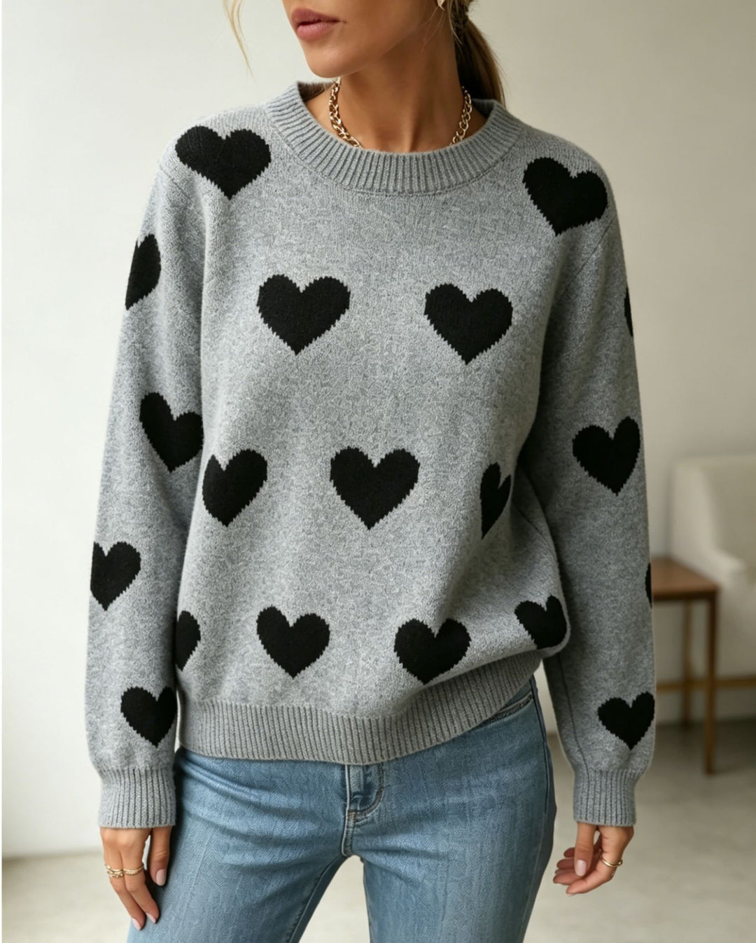 Damen Herz-Intarsien Rundhalspullover mit lässiger Oversize-Passform Shop Nory