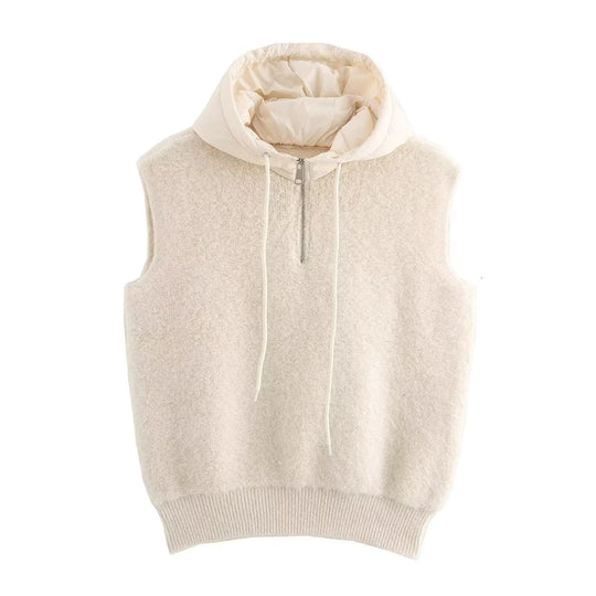 Damen Ärmellose Strickweste mit gesteppter Kapuze und halbem Reißverschluss Shop Nory