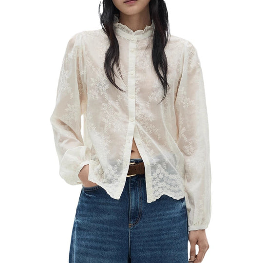Damen Transparente Stickerei‑Bluse mit Stehkragen, Volumenärmeln und gewelltem Saum Shop Nory