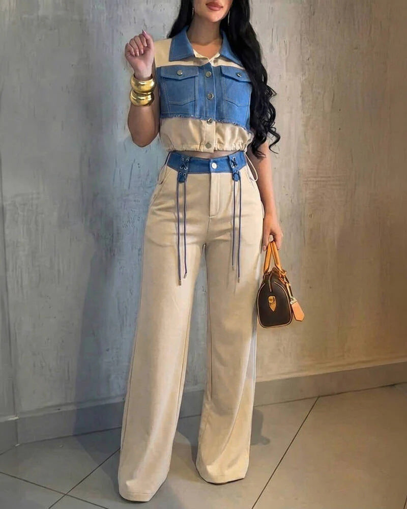 Damen Zweiteiliges Set mit Ärmellosem Jeans-Croptop und hochtaillierter Weitbein-Hose Shop Nory