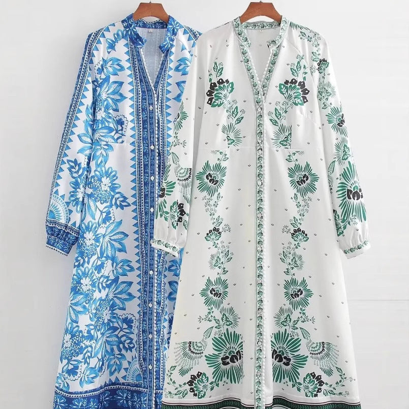 Damen Maxi-Kleid im Boho-Hemdstil mit Stehkragen und durchgehender Knopfleiste Shop Nory