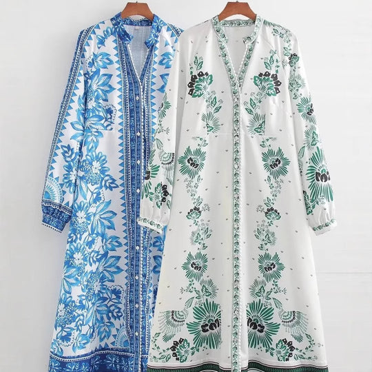 Damen Maxi-Kleid im Boho-Hemdstil mit Stehkragen und durchgehender Knopfleiste Shop Nory