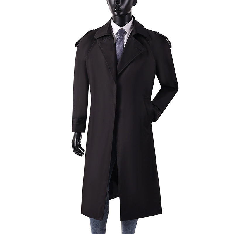 Herren eleganter knie- bis wadenlanger Trenchcoat mit verdeckter Knopfleiste und Schulterklappen Shop Nory