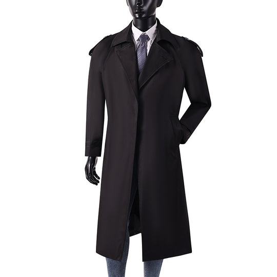 Herren eleganter knie- bis wadenlanger Trenchcoat mit verdeckter Knopfleiste und Schulterklappen Shop Nory