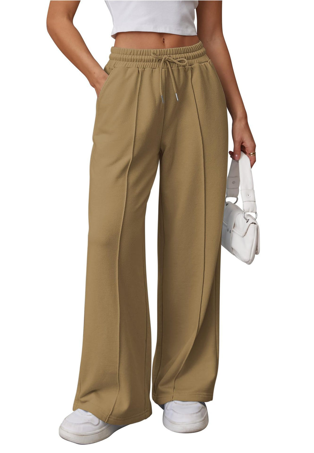 Damen nan High-Waist Relax-Freizeithose mit doppeltem Rippbund, sichtbarer Bügelfalte und weitem Bein Shop Nory