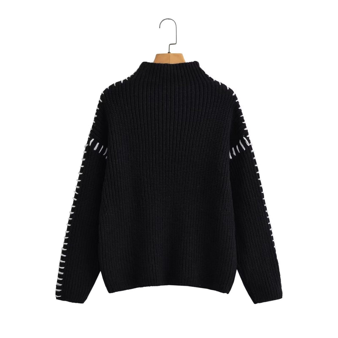 Damen Oversize-Strickpullover mit Stehkragen, Ballonärmeln und Ziernaht Shop Nory
