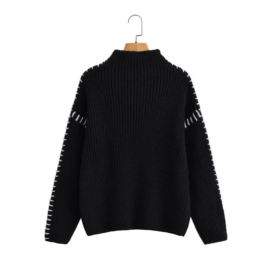 Damen Oversize-Strickpullover mit Stehkragen, Ballonärmeln und Ziernaht Shop Nory