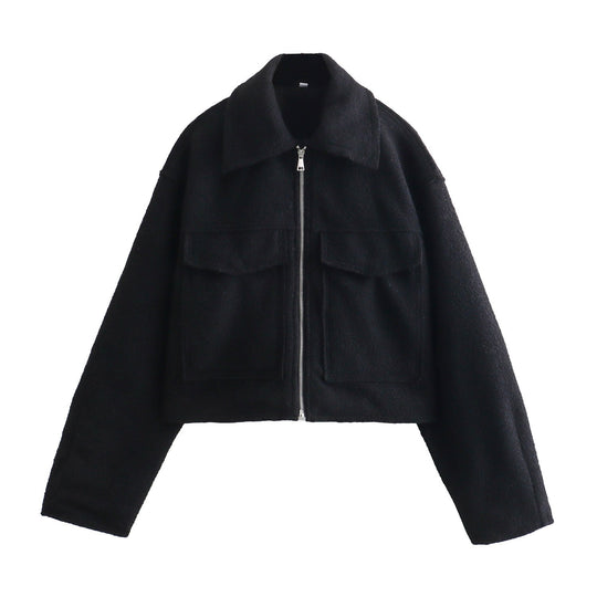 Damen Kurze Bouclé‑Jacke im Boxy‑Cut mit Reißverschluss und Pattentaschen Shop Nory