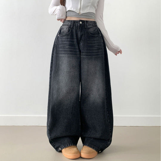 Damen Weite High-Waist Denim-Hose mit Faltenwurf