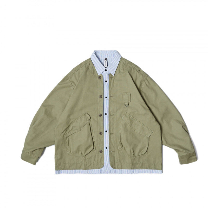 Unisex Oversize-Hemdjacke im Worker-Stil mit aufgesetzten Klappentaschen und kontrastierter Hemdblende Shop Nory