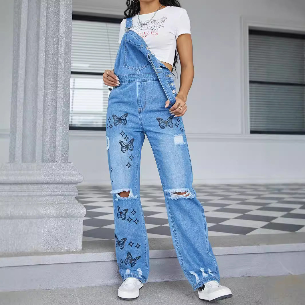 Damen Lässige Denim-Latzhose mit Schmetterlings-Print, distressed Knie & weitem Bein Shop Nory