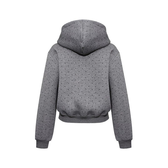 Damen Kapuzen-Sweatshirt mit Punktmuster, Kängurutasche und großflächigem Typo‑Print Shop Nory