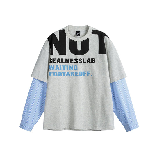 Damen Lagenlook T-Shirt mit eingearbeiteten Hemdärmeln und oversized Print Shop Nory