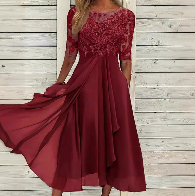Damen nan elegantes Cocktailkleid mit bestickter Korsage, U-Boot-Ausschnitt und fließendem Chiffonrock