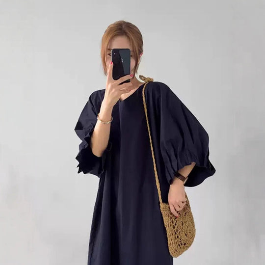 Damen Oversized V-Ausschnitt Baumwollkleid mit Volantärmeln Shop Nory