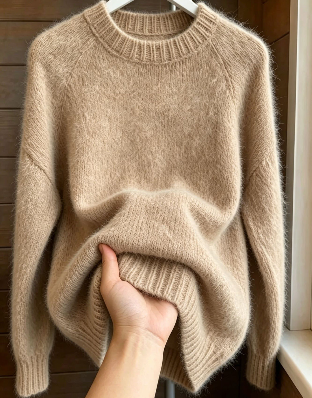 Damen Oversize Mohair‑Mix Rundhalspullover mit Raglanärmeln und geripptem Saum Shop Nory