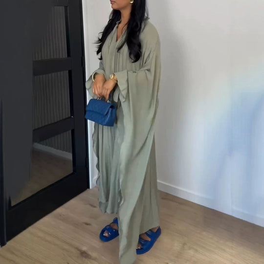 Damen Maxikleid im Kaftan-Stil mit Rüschenkragen, Bindebändern und voluminösen Ärmeln Shop Nory