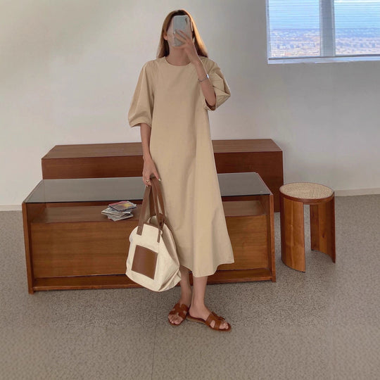 Damen Leichtes A-Linien Midikleid aus Baumwoll-Popeline mit ballonförmigen Ellenbogenärmeln Shop Nory
