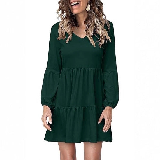 Damen Stufiges Mini-Kleid mit V-Ausschnitt und Ballonärmeln Shop Nory