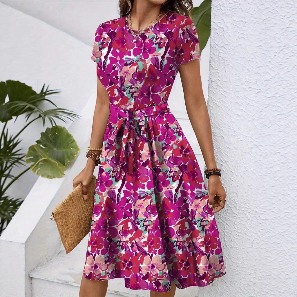 Damen Elegantes Midikleid mit floralem Design und Taillengürtel Shopnory