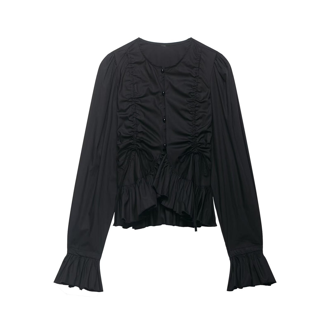 Damen Rüschige Bluse mit Kordelzug, Ballonärmeln und Volant-Saum Shop Nory
