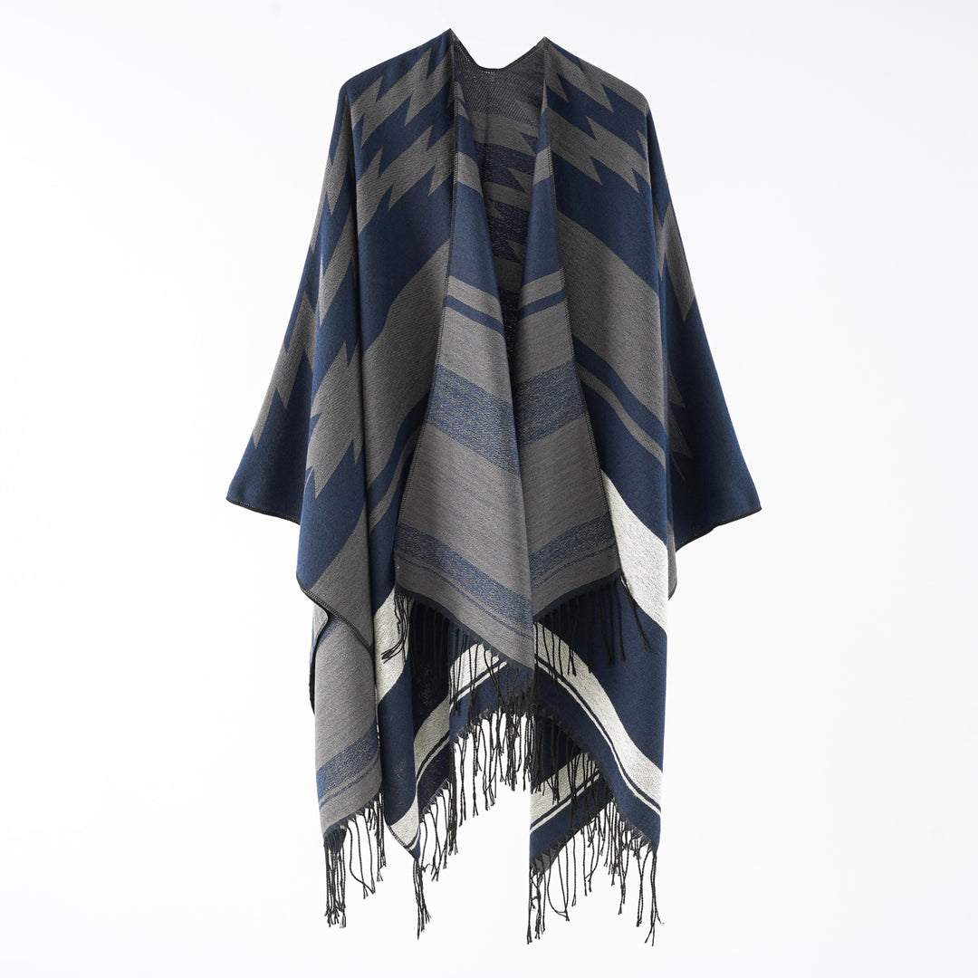 Damen Langer Reversfreier Webponcho im Umhangstil mit dezentem Zackenmuster und Fransensaum Shop Nory