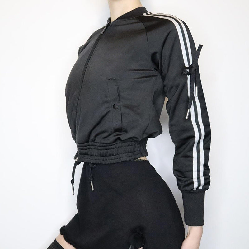 Damen nan sportive Zip-Jacke im Bomberstil mit seitlichen Streifen, Ärmel-Bindebändern und Kordelbund Shop Nory