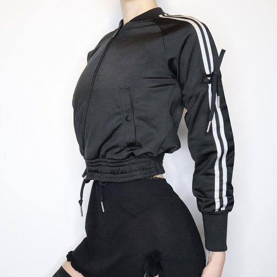 Damen nan sportive Zip-Jacke im Bomberstil mit seitlichen Streifen, Ärmel-Bindebändern und Kordelbund Shop Nory