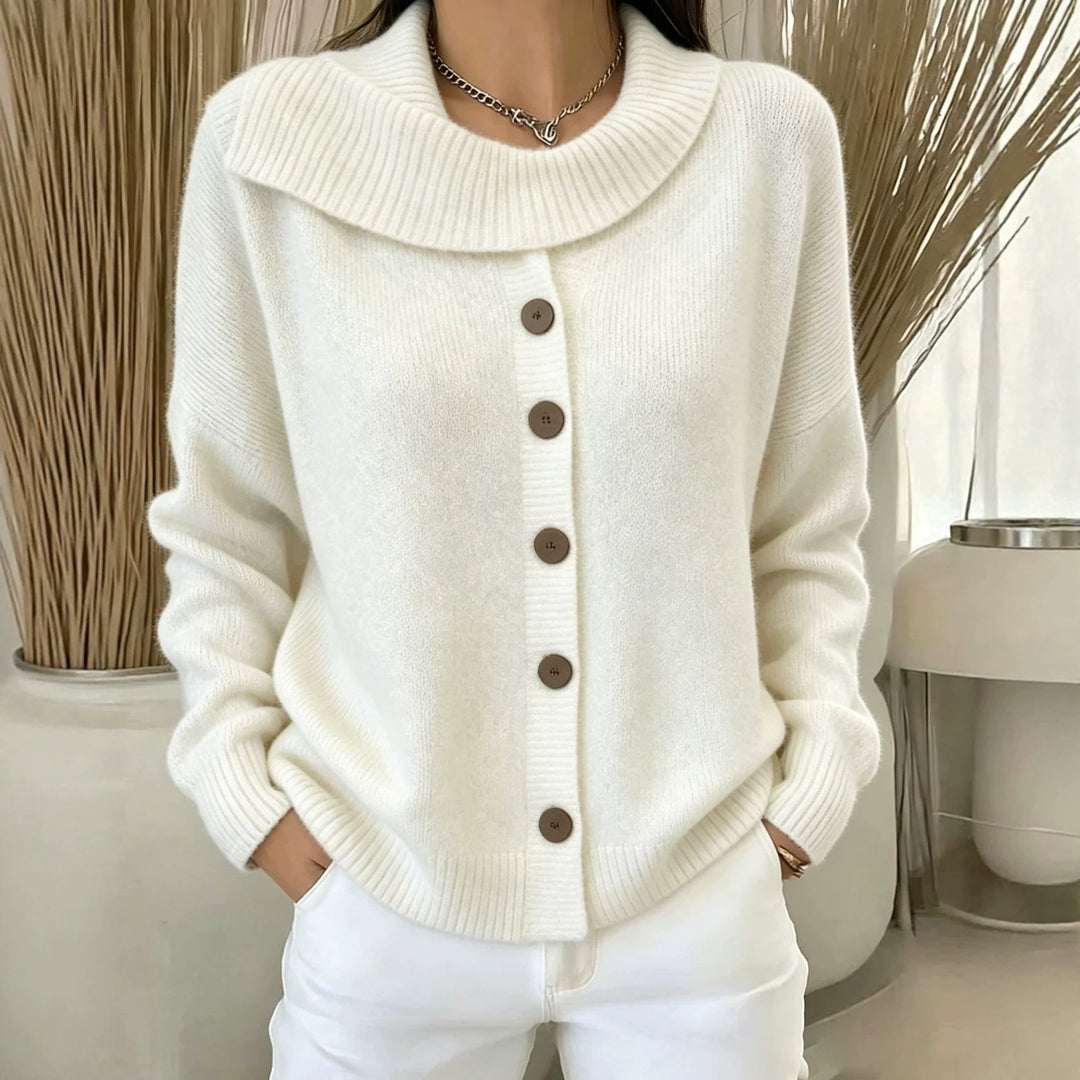 Damen Kuscheliger Knopf-Cardigan mit breitem Rollkragen und gerippten Bündchen Shop Nory
