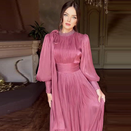 Damen Elegantes Chiffon-Maxikleid mit tailliertem Wickelbund, Stehkragen und langen Puffärmeln Shop Nory