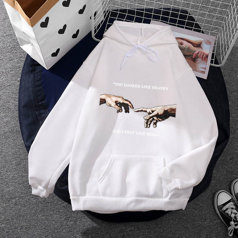 Damen nan Oversize Kapuzenpullover mit Kängurutasche und Renaissance‑Handmotiv, weiches Fleece Innenfutter Shop Nory