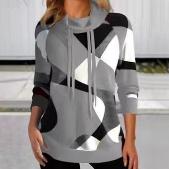 Damen Geometrischer Kapuzenpullover mit Kordelzug, Longline-Schnitt und Seitentaschen Shop Nory
