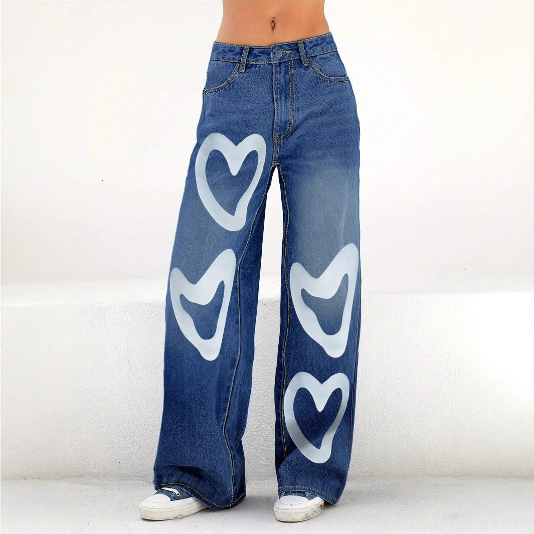 Damen High-Waist Wide-Leg-Jeanshose mit großflächigem Herz-Print Shop Nory