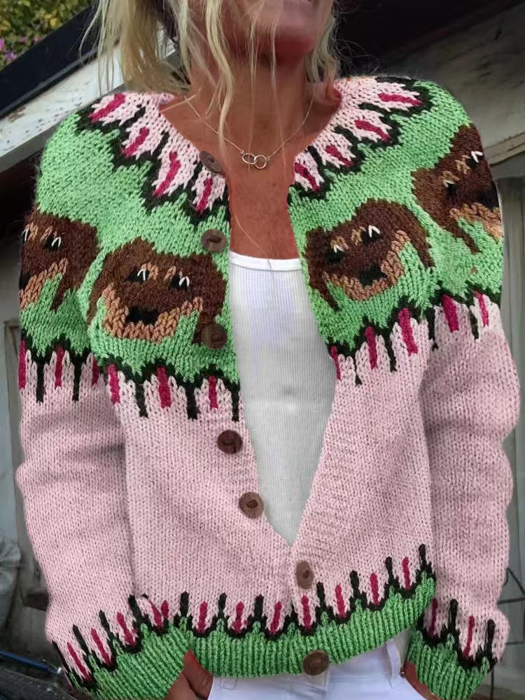 Damen nan gemusterte Strickjacke mit Rundpasse, Holzknöpfen und Eingrifftaschen Shop Nory