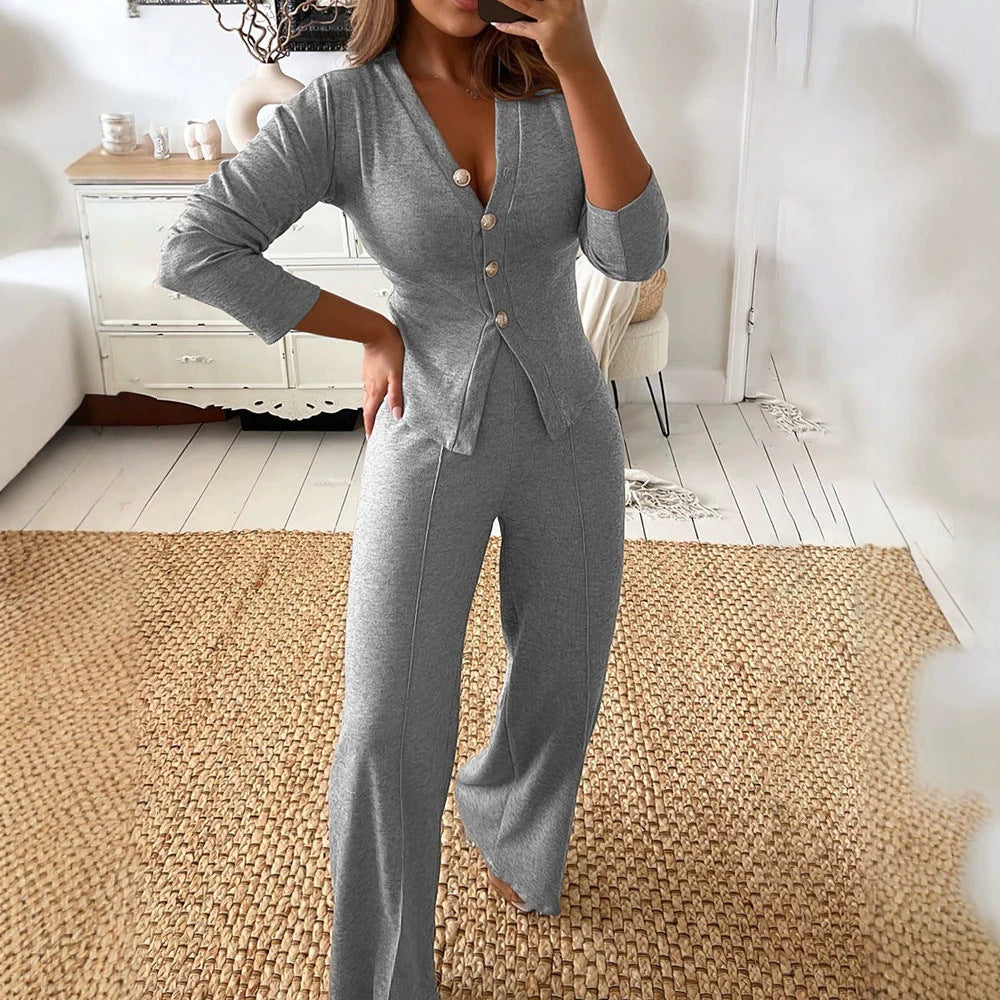 Damen Feines Strick-Set mit tailliertem Knopf-Cardigan und weitem Palazzo-Hose Shop Nory