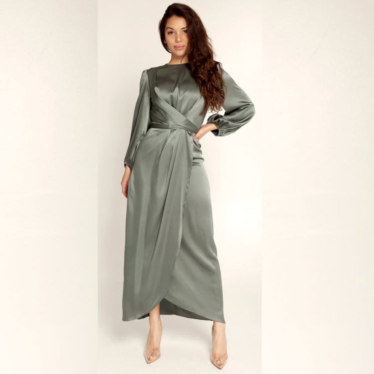 Damen Elegantes Maxikleid aus Satin mit Wickel-Detail, Langarm und Taillenband Shop Nory