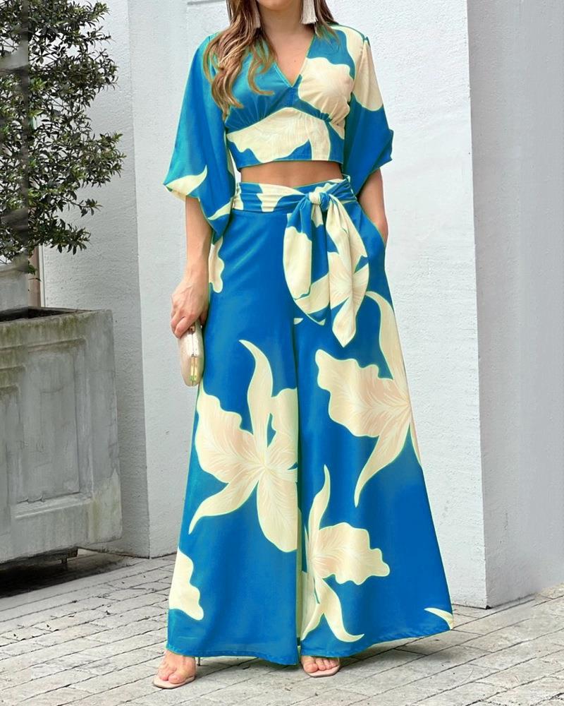 Damen Zwei-Teiler Sommer Set mit Wickel-Crop-Top und Hochtaillierten Palazzo-Hosen EB