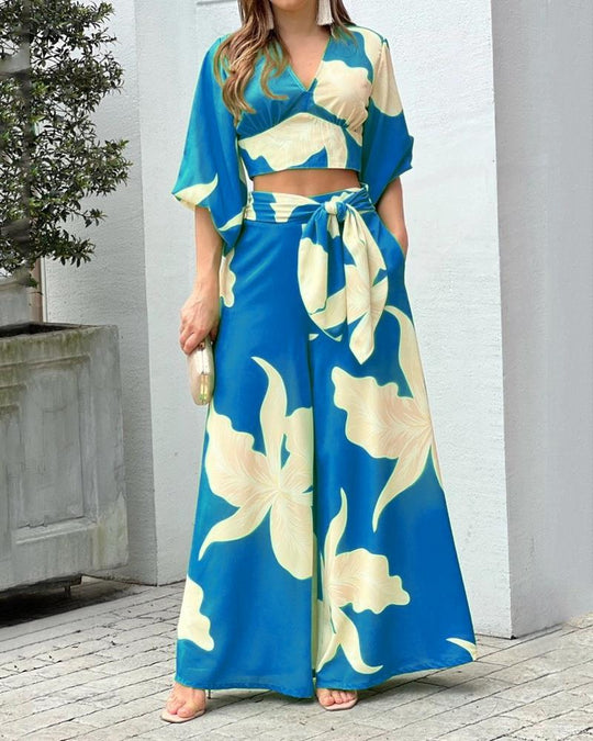 Damen Zwei-Teiler Sommer Set mit Wickel-Crop-Top und Hochtaillierten Palazzo-Hosen EB