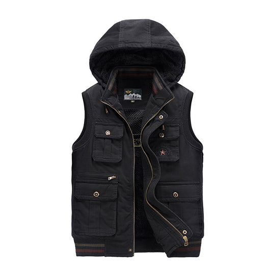 Herren Ärmellose Canvas-Weste mit Kapuze, Teddyfutter und Multifunktions-Taschen Shop Nory