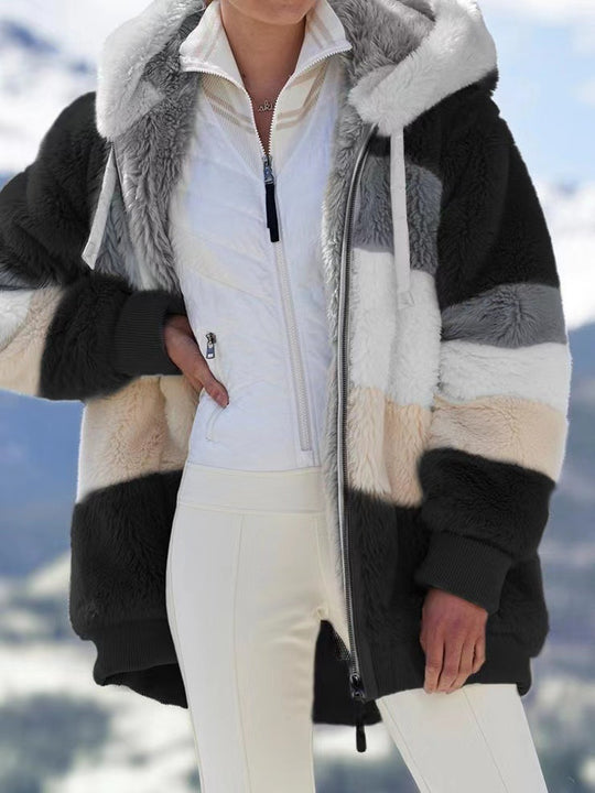 Damen nan oversized Kapuzenjacke aus Kunstfell mit Colourblock-Design, Zweiwege-Reißverschluss und Rippbündchen Shop Nory