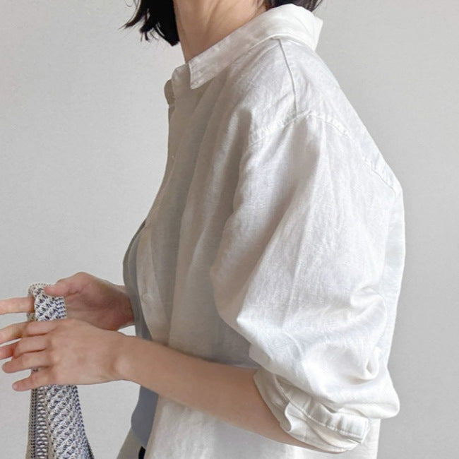 Damen Lockeres Leinen‑Hemd mit kastiger Silhouette, umgeschlagener Manschette und Kentkragen Shop Nory