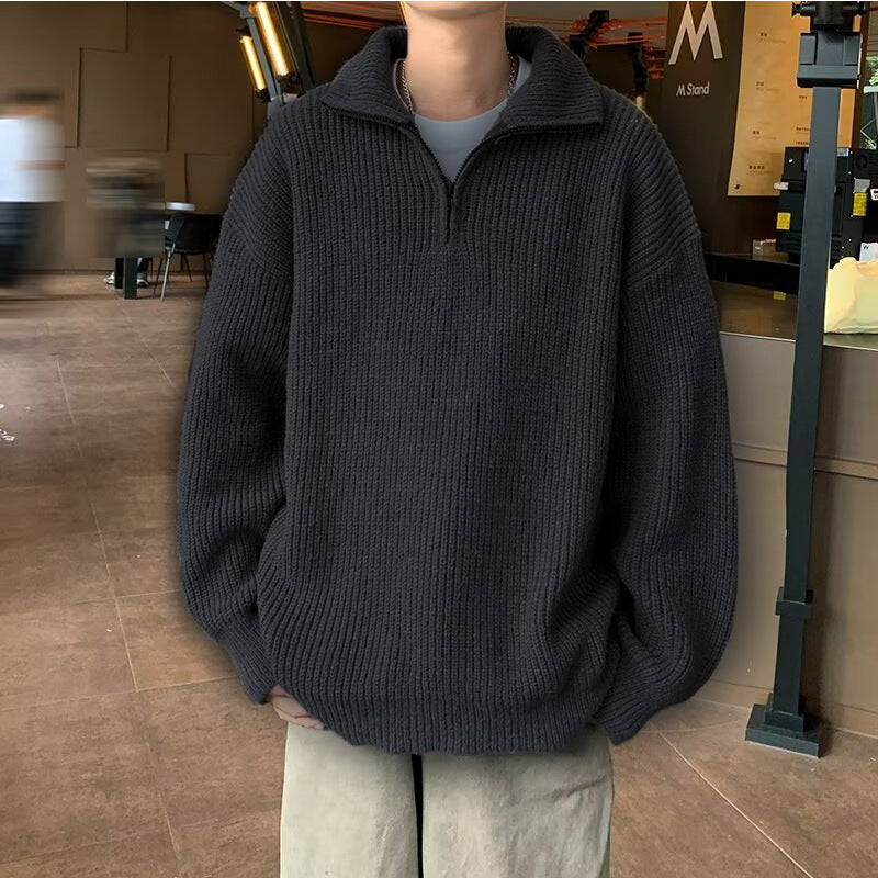 Herren Weicher Oversize-Rippenstrick-Pullover mit verdecktem Halbzip und Polokragen Shop Nory