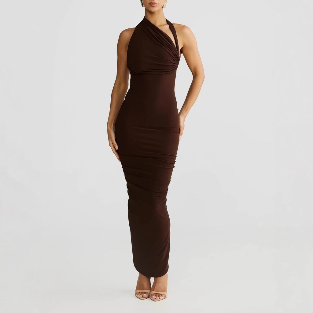 Damen Elegantes langes Wickelkleid mit schulterfreiem Design und gerafftem Oberteil