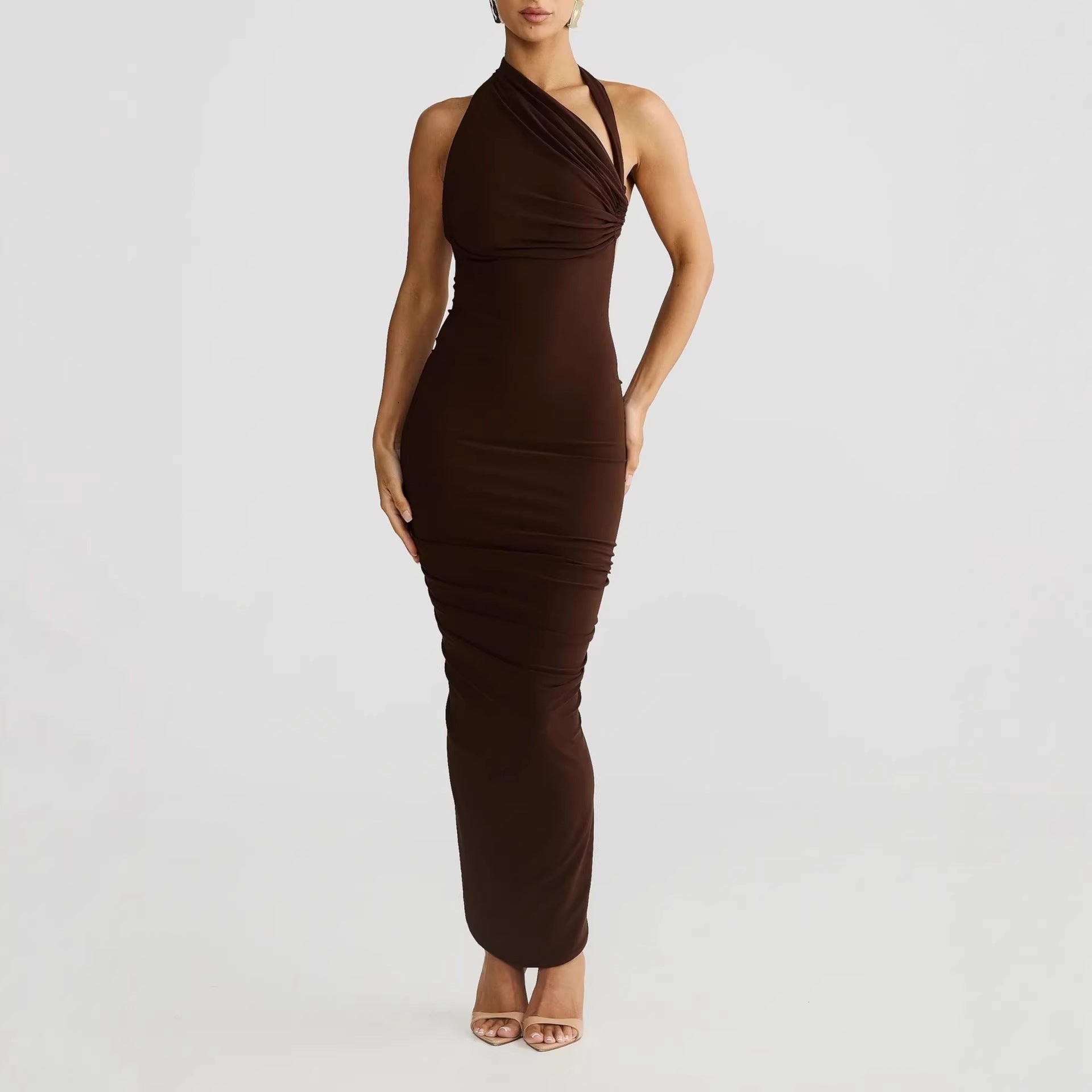 Damen Elegantes langes Wickelkleid mit schulterfreiem Design und gerafftem Oberteil
