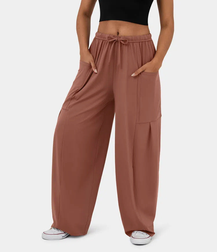 Damen Weite Relax‑Hose mit hohem Elastikbund, Tunnelzug und großen Cargo-Taschen Shop Nory